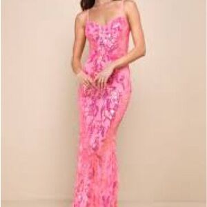 LULU'S Passionate Glow Pink Iridescent Sequin Bustier Evening Gown